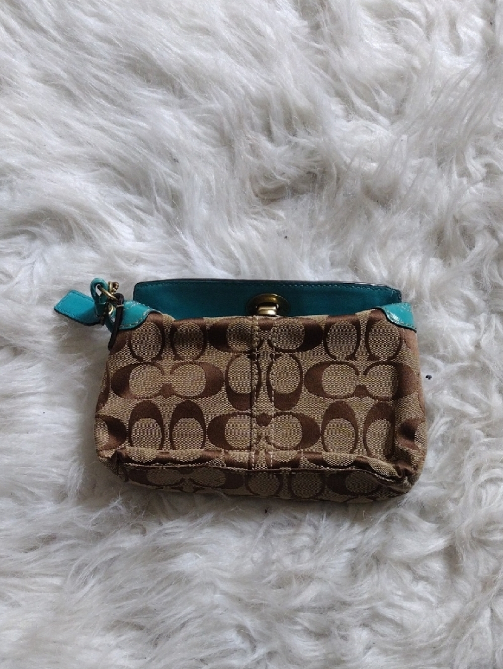 Coach Brown Signature Canvas Wristlet with Turquoise Trim - Picture 2 of 5